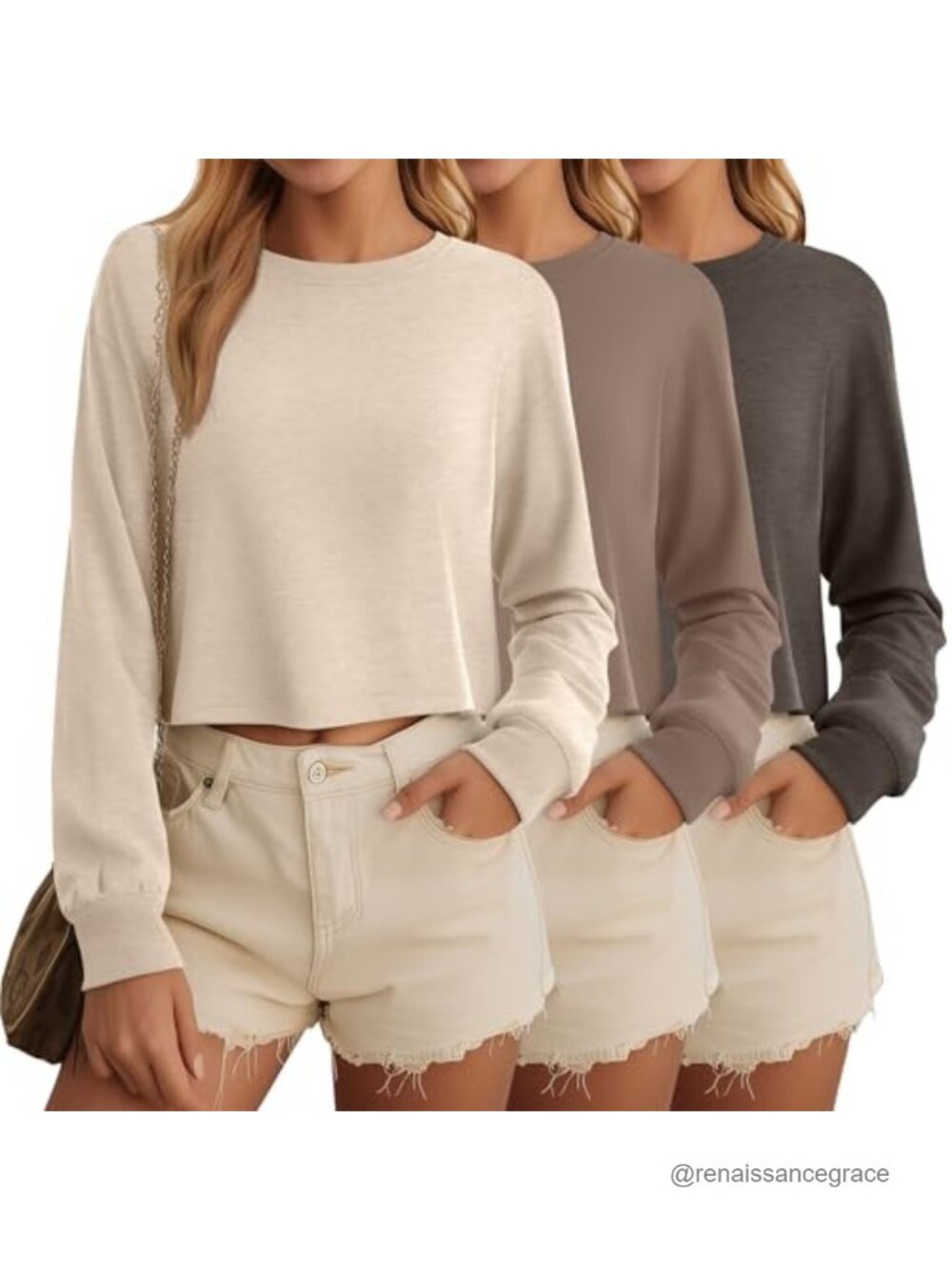 3 Pack Long Sleeve Cropped Tops Women 95% Cotton Spandex Crew Neck
